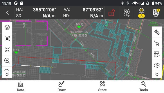 Экран тахеометра SOUTH N2: вынос точек прямо по загруженному чертежу CAD в программе SurvStar